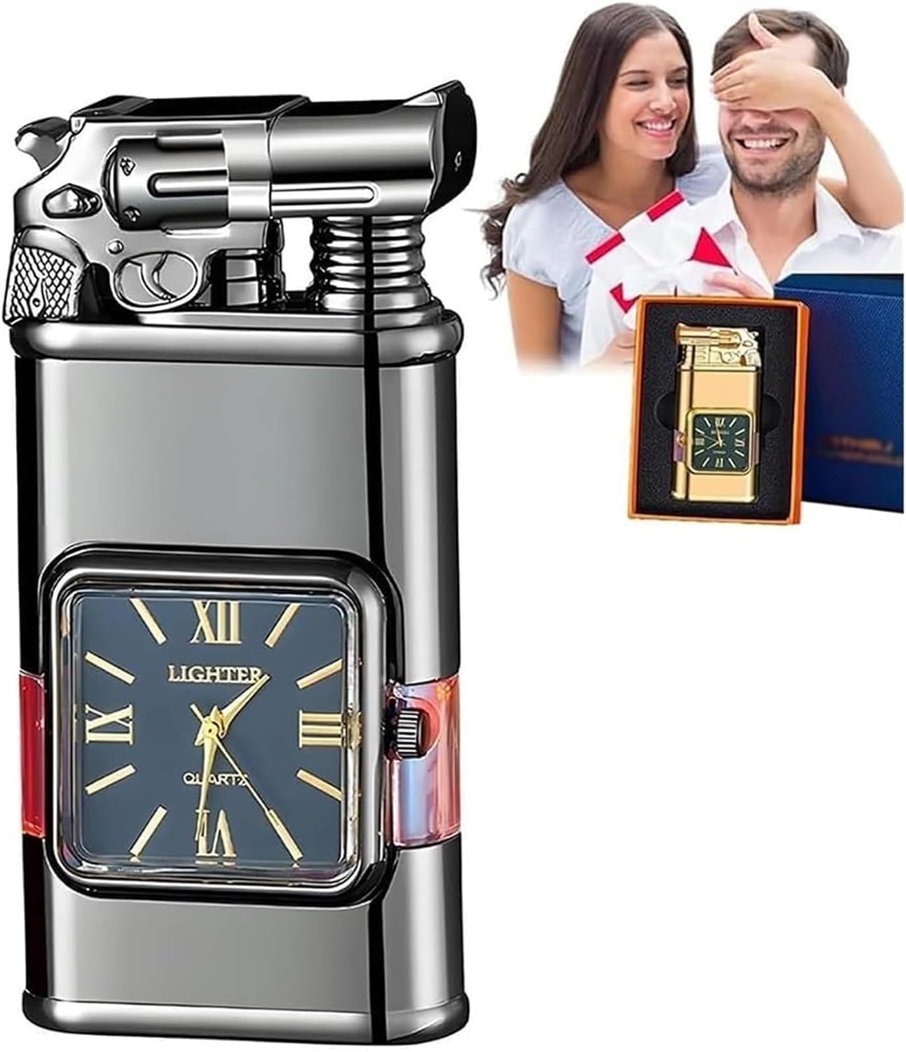 🔥 Refillable Butane Torch Lighter | Dual Flame + Built-in Clock + Transparent Fuel Window