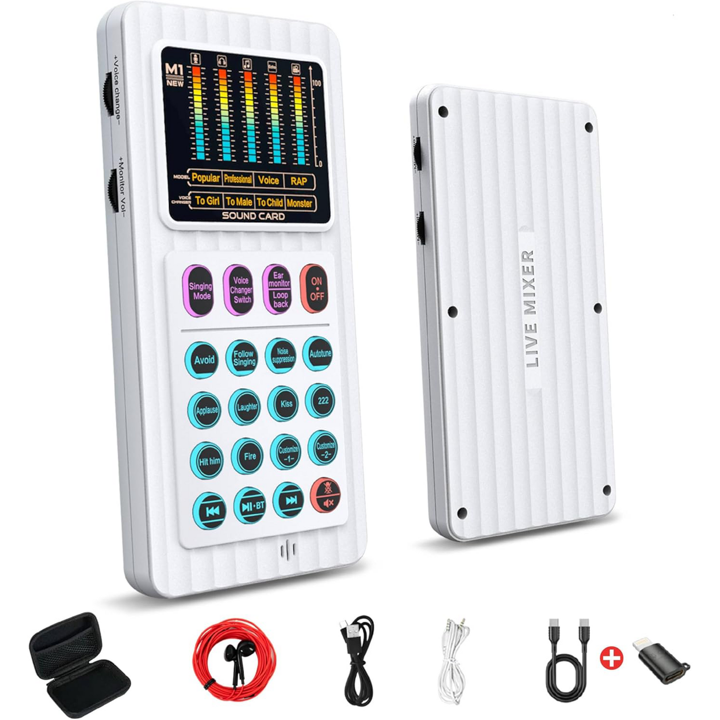 🎤 M01 Audio Mixer Sound Card | 4 Voice Changers with AI Noise Reduction & Custom Sound Pads