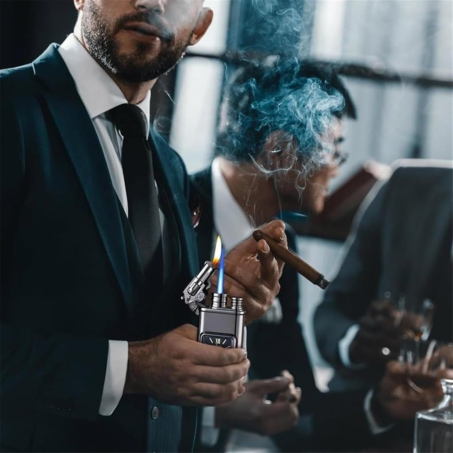 🔥 Refillable Butane Torch Lighter | Dual Flame + Built-in Clock + Transparent Fuel Window