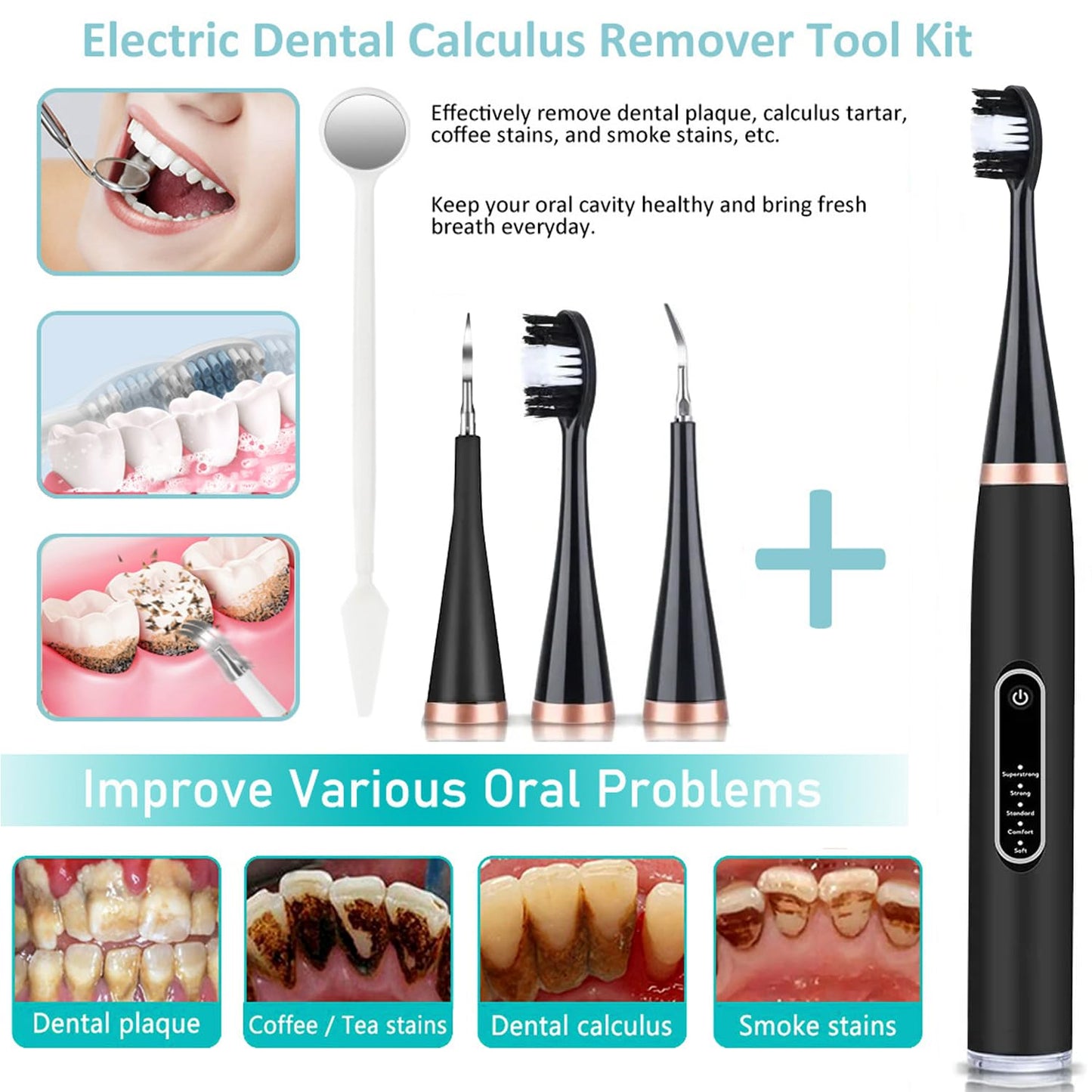 Dental Plaque & Tartar Remover with Mouth Mirror – 5 Modes & 2 Replaceable Heads