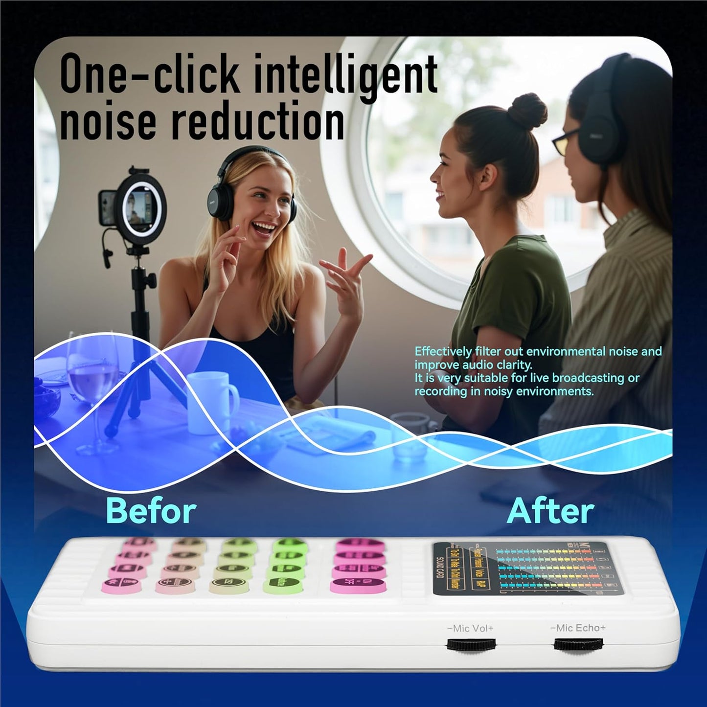 🎤 M01 Audio Mixer Sound Card | 4 Voice Changers with AI Noise Reduction & Custom Sound Pads