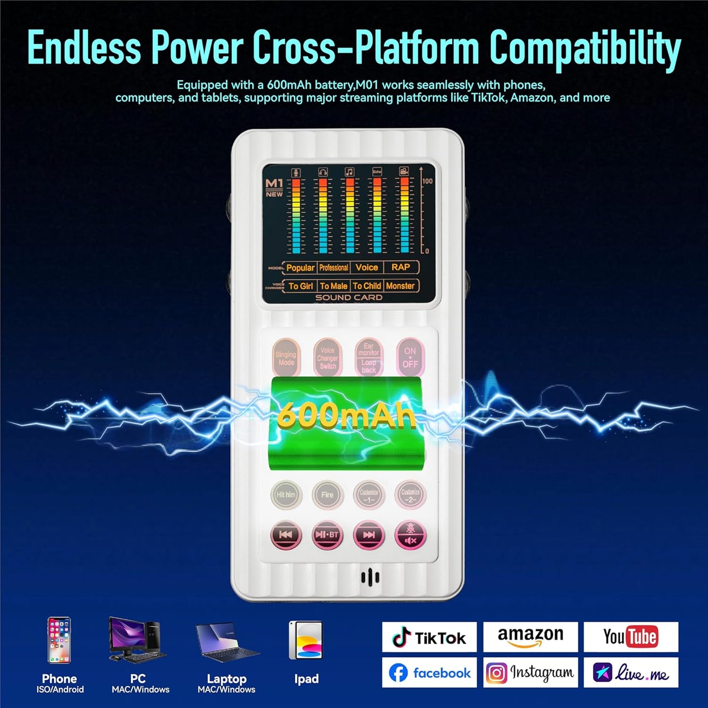 🎤 M01 Audio Mixer Sound Card | 4 Voice Changers with AI Noise Reduction & Custom Sound Pads