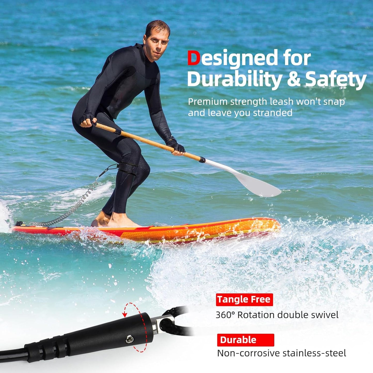 🌊 10 ft 7 mm SUP Paddle Board Leash | Coiled with Anti-Slip Cuff & Flexible Swivel Connector