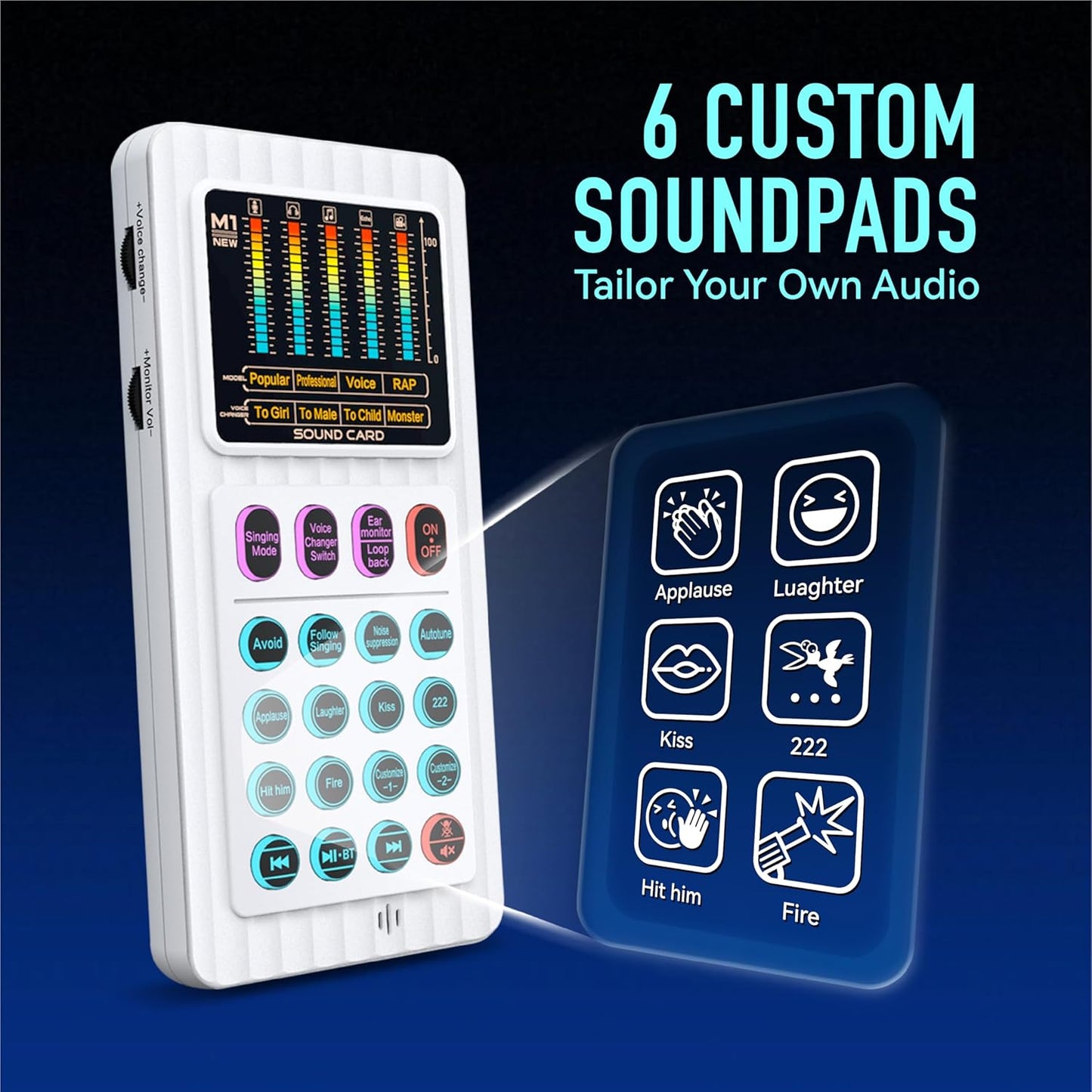 🎤 M01 Audio Mixer Sound Card | 4 Voice Changers with AI Noise Reduction & Custom Sound Pads