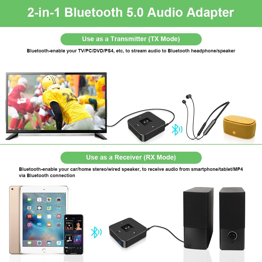 🎧 2-in-1 Bluetooth AUX Adapter | Transmitter + Receiver · Optical + AUX Input · 25H Battery 🔄