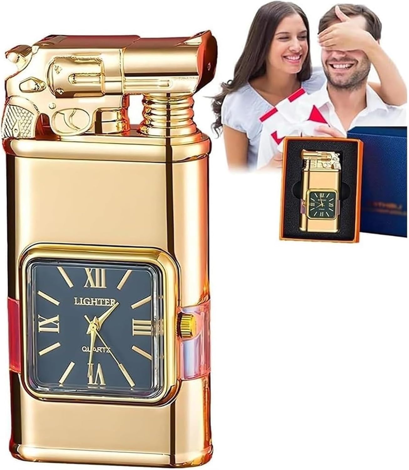 🔥 Refillable Butane Torch Lighter | Dual Flame + Built-in Clock + Transparent Fuel Window