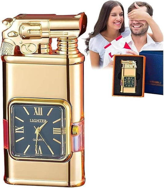 🔥 Refillable Butane Torch Lighter | Dual Flame + Built-in Clock + Transparent Fuel Window