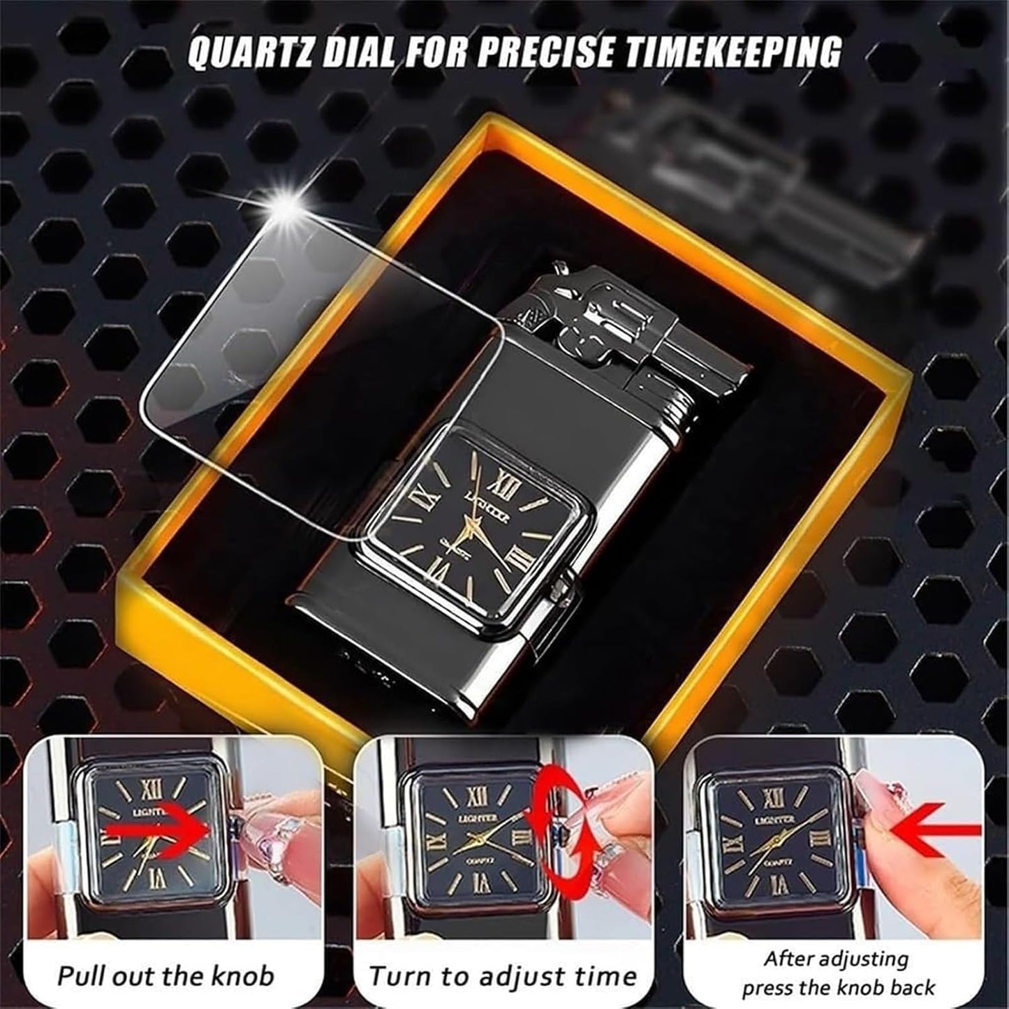🔥 Refillable Butane Torch Lighter | Dual Flame + Built-in Clock + Transparent Fuel Window