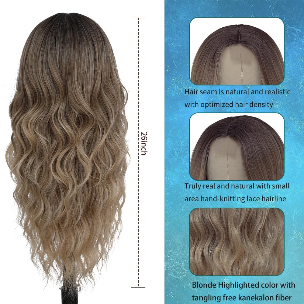 💇 Long Blonde Wig | 26" Wavy Curly Synthetic Hair for Daily & Party Wear