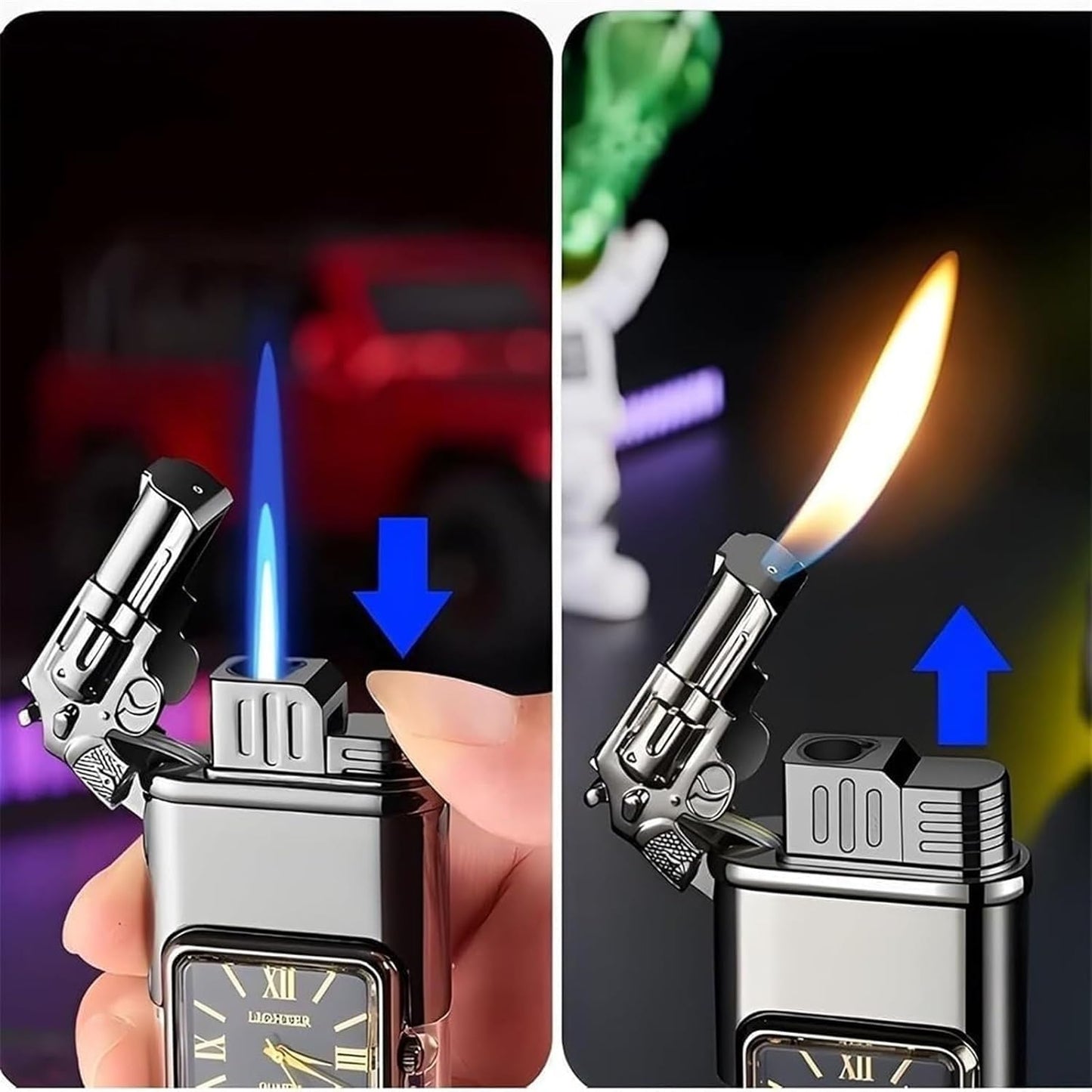 🔥 Refillable Butane Torch Lighter | Dual Flame + Built-in Clock + Transparent Fuel Window