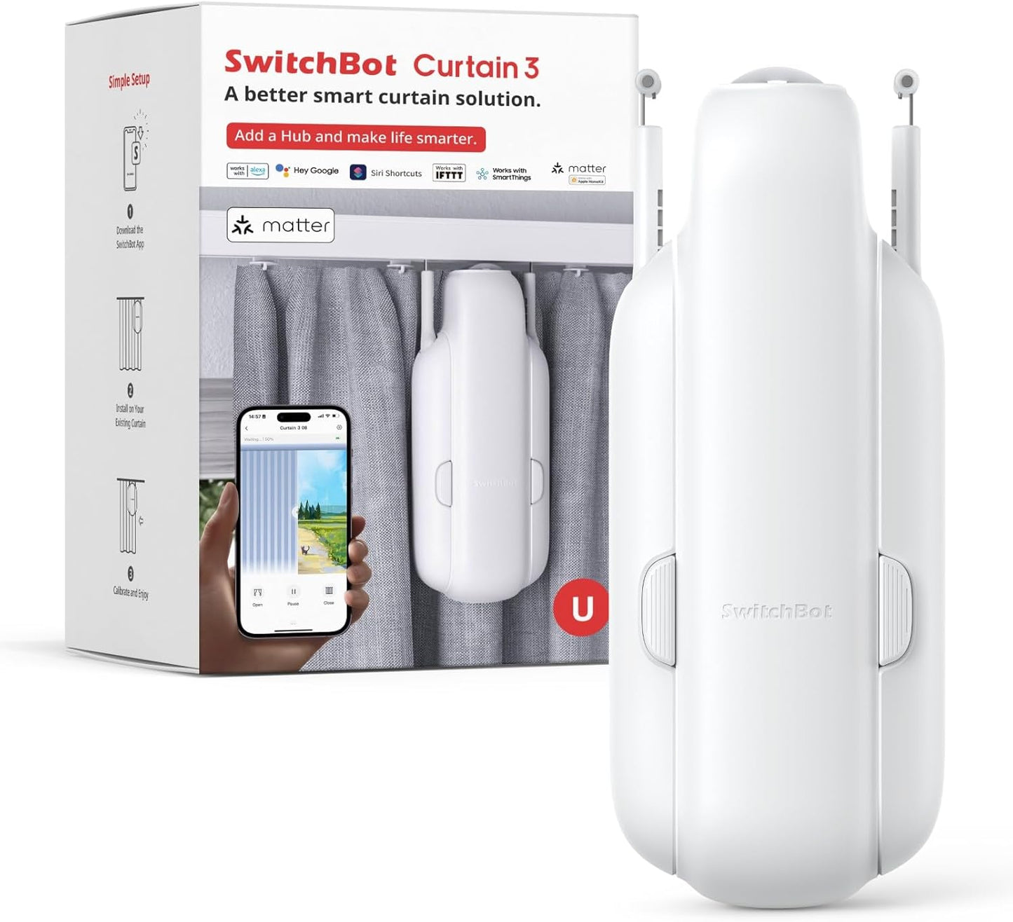 SwitchBot Curtain 3 (U Rail) | Smart, Silent, and Effortless Curtain Control