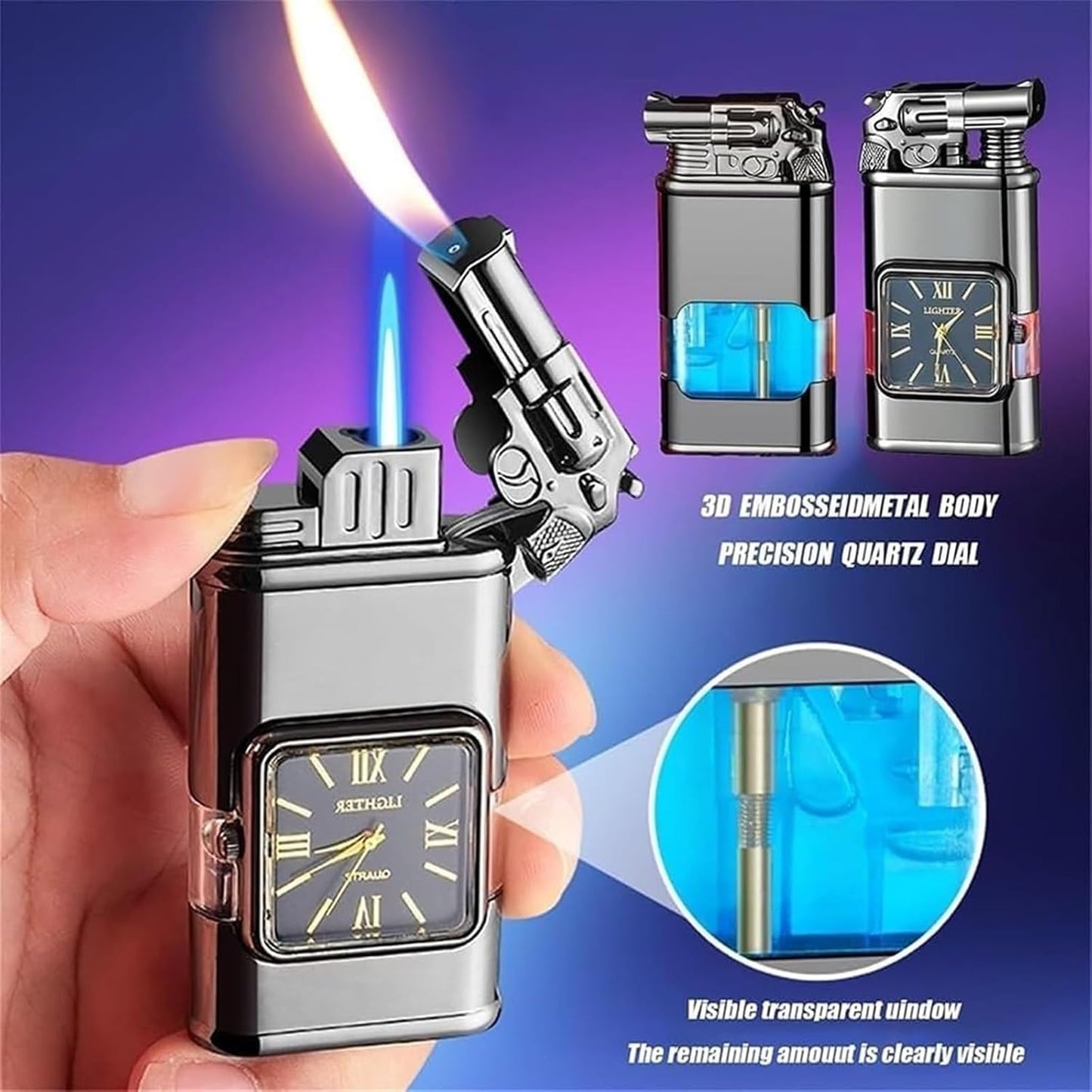 🔥 Refillable Butane Torch Lighter | Dual Flame + Built-in Clock + Transparent Fuel Window