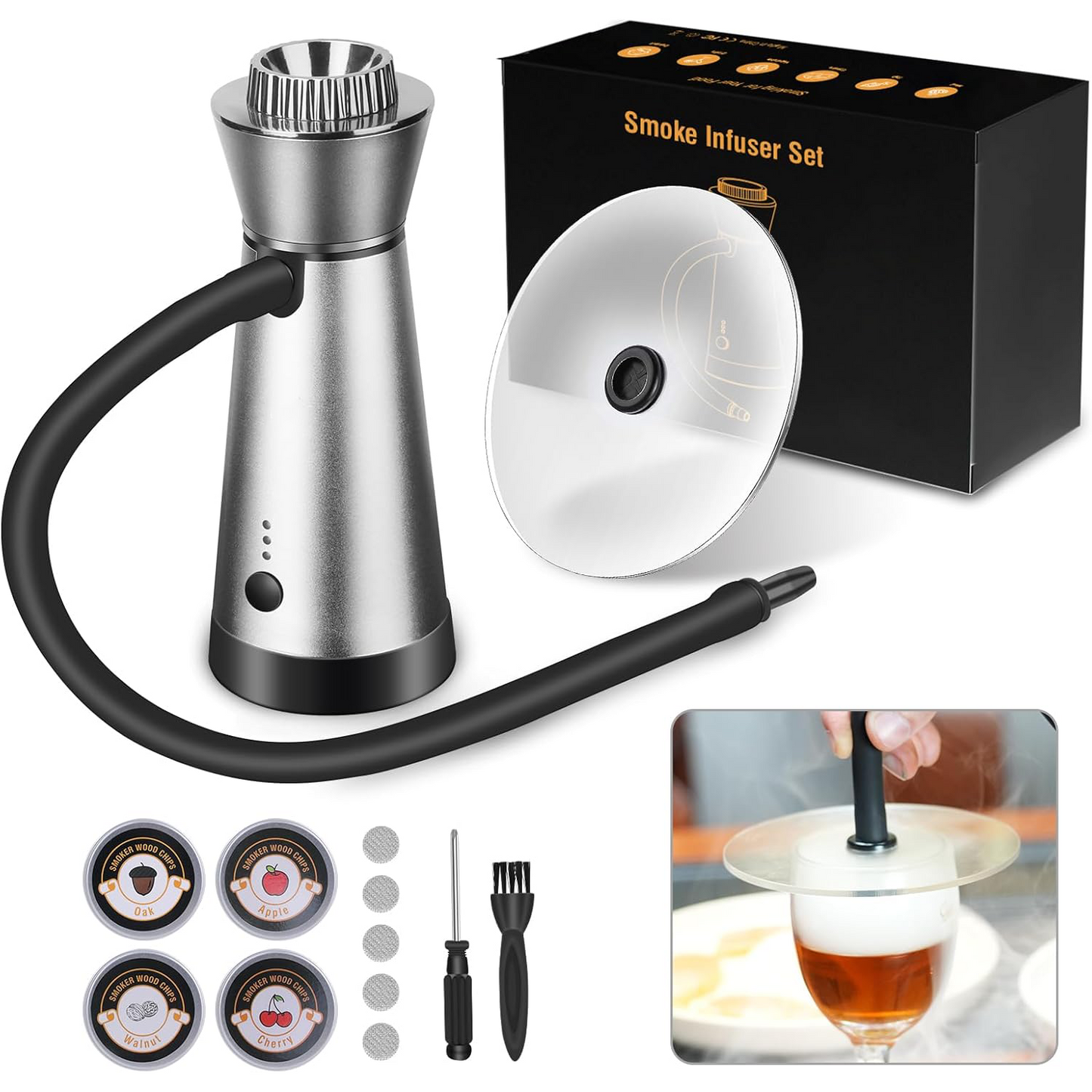 📚 Cocktail Smoker Kit | Portable Smoking Gun with 4 Flavors Wood Chips & Cup Lid
