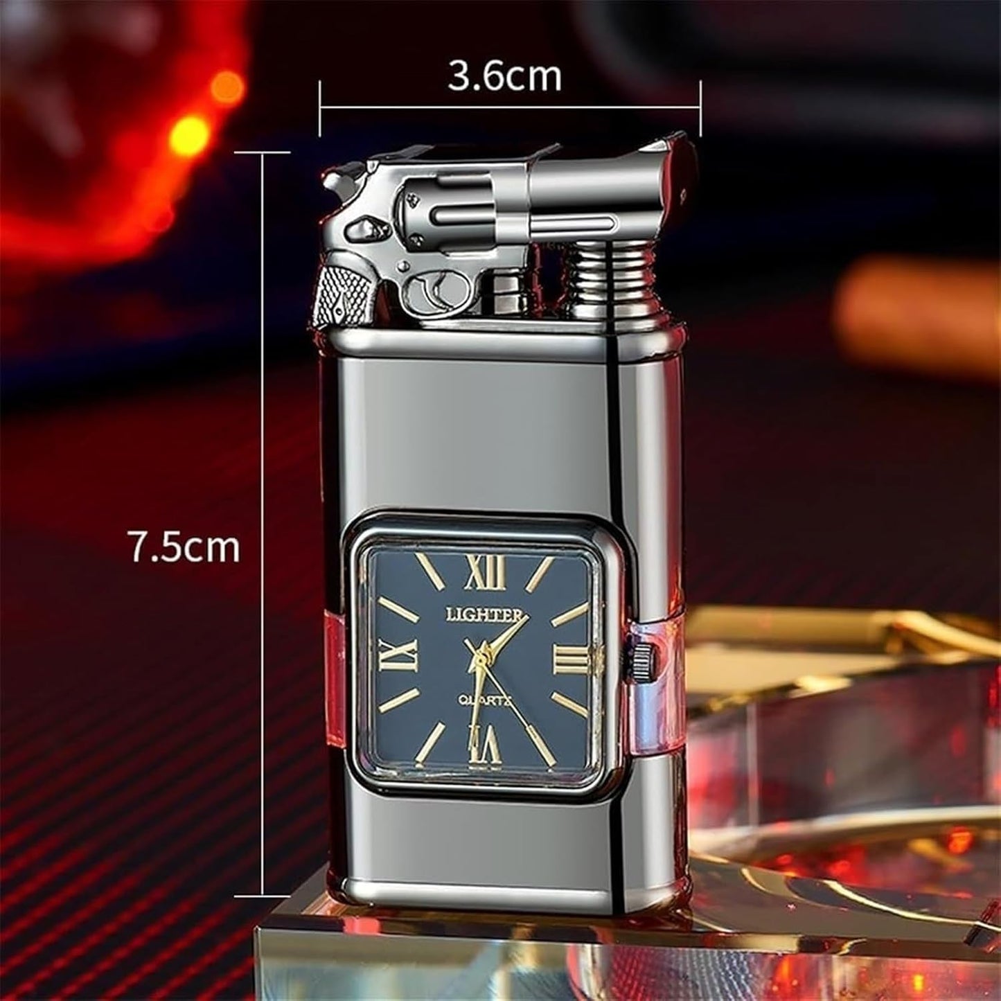 🔥 Refillable Butane Torch Lighter | Dual Flame + Built-in Clock + Transparent Fuel Window
